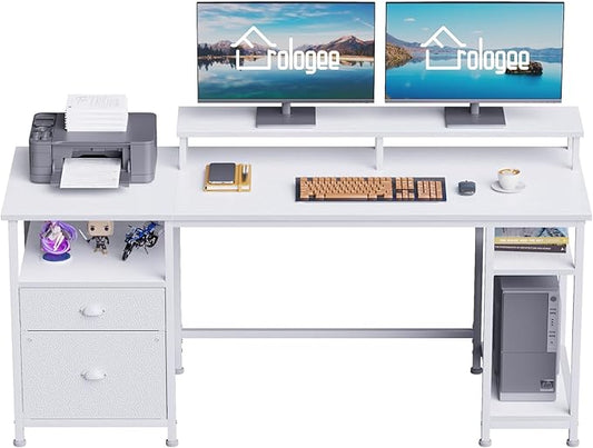 Furologee 61" Computer Desk with Fabric File Cabinet & Drawer, Reversible White Table with Storage Shelf, Office Desk with Long Monitor Stand, Writting Table Workstation, for Home/Office/White