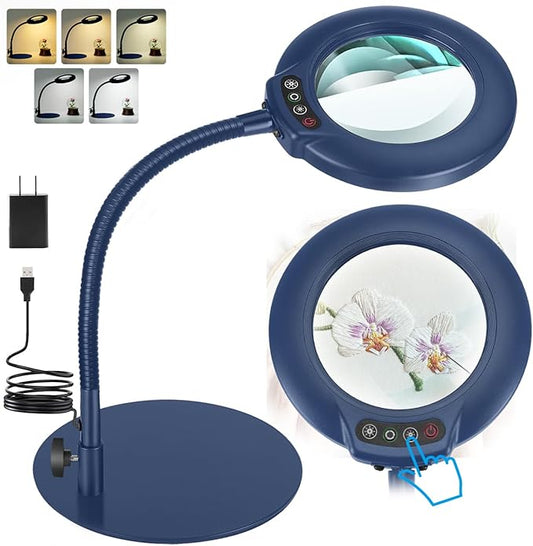 10X Magnifying Glass with Light, Real Glass Lens, 5 Color Modes Dimmable, Flexible Gooseneck Lighted Magnifier with Stand, LED Desk Lamp Hands Free for Crafts Painting Reading Close Work, Blue
