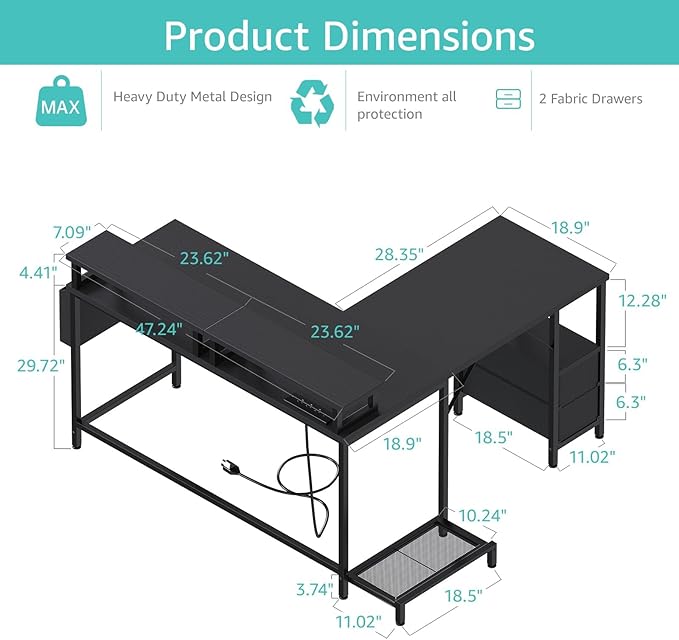 Lufeiya L Shaped Gaming Desk with Led Lights and Power Outlets, 47 Inch Corner Home Office Desk with Monitor Stand Shelves, Writing Study Computer Desks with Fabric Drawers for Bedroom, Black