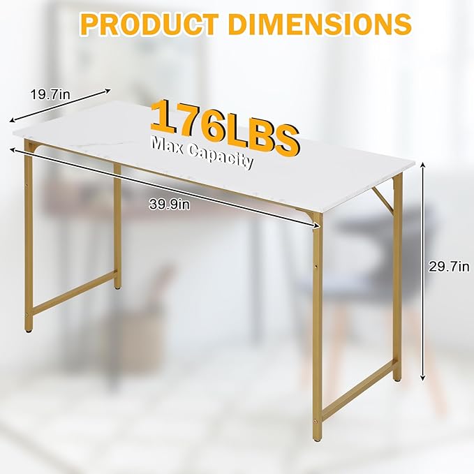 Computer Desk,39 Inch Home Office Desk Modern Writing Table with Metal Frame for Home Office and Study,Gold