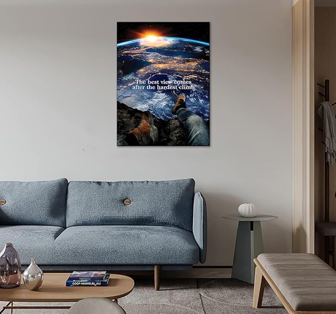 Creative Motivational Earth and Sunrise Wall Art Positive Quotes The Best View Comes After The Hardest Climb Artwork HD Print Modern Home Farmed Office Wall Decoration Painting Easy to Hang-18"Wx24"H