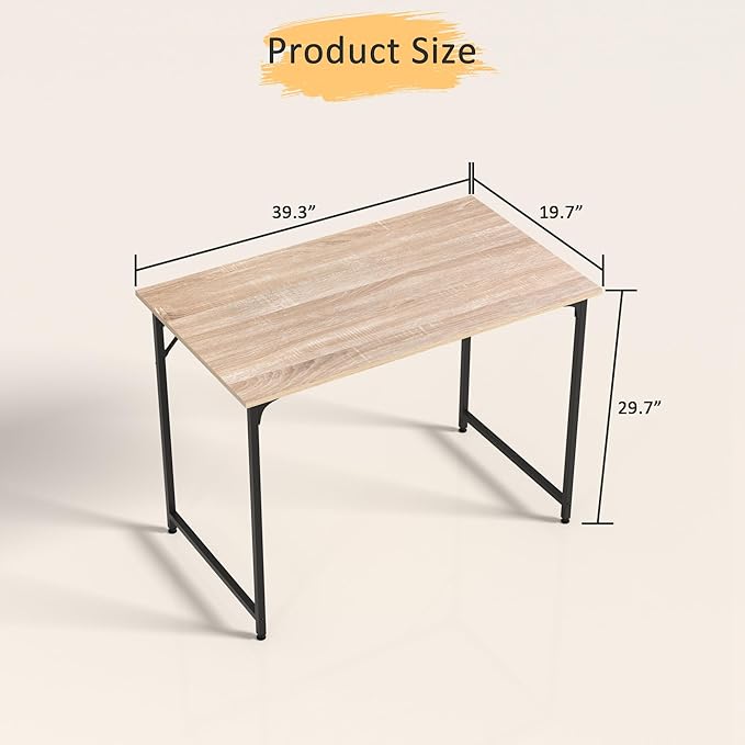 39 Inch Computer Desk with Wood Board and Metal Frame, Modern Simple Style Work Desk with Adjustable Feet, Study Gaming Desk Table for Home Office, Bedroom, Small Spaces