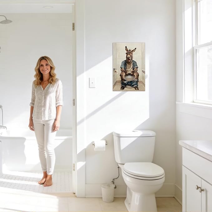 Funny Donkey Bathroom Wall Art Humorous Bathroom Pictures Wall Decor with Wooden Frame, Lightweight Donkey Sitting on Toilet Pictures Poster Animals Painting for Home Toilet Decor, 12x18 Inches
