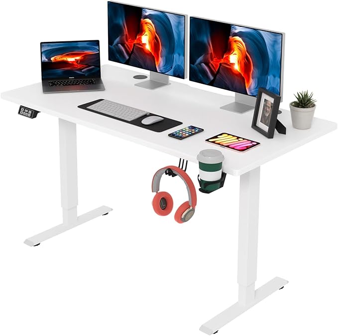 PayLessHere Electric Standing Desk 55x24 Inch Height Adjustable Desk Large Space Office Computer Desk with Headphone Holder 2 Memory Function for Home Office,White