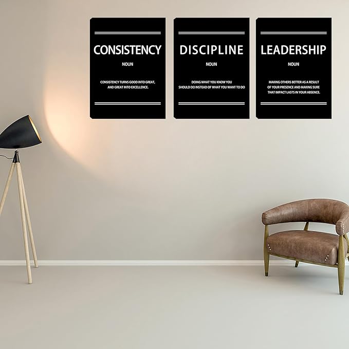 Halioyo 3 Pieces Motivational Inspirational Wall Art Decor - Consistency Discipline Leadership Poster, Positive Quote Artwork Wall Art for Workplace Office Bedroom Living Room, 12 x 16 inch