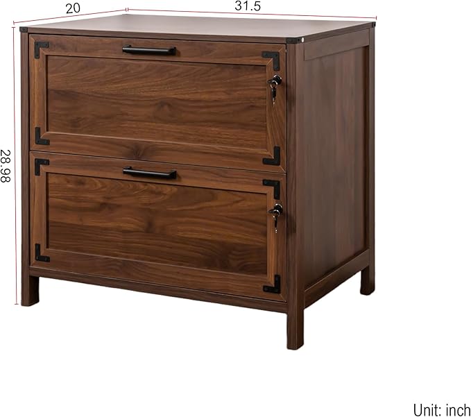 2 Drawer File Cabinet with Lock, Home Office Filing Organizer, for Letter Legal A4 Size Labeled Folders File Folder Storage, Wood Lateral Filing Cabinet (Walnut-W31.5*D20*H28.98in)