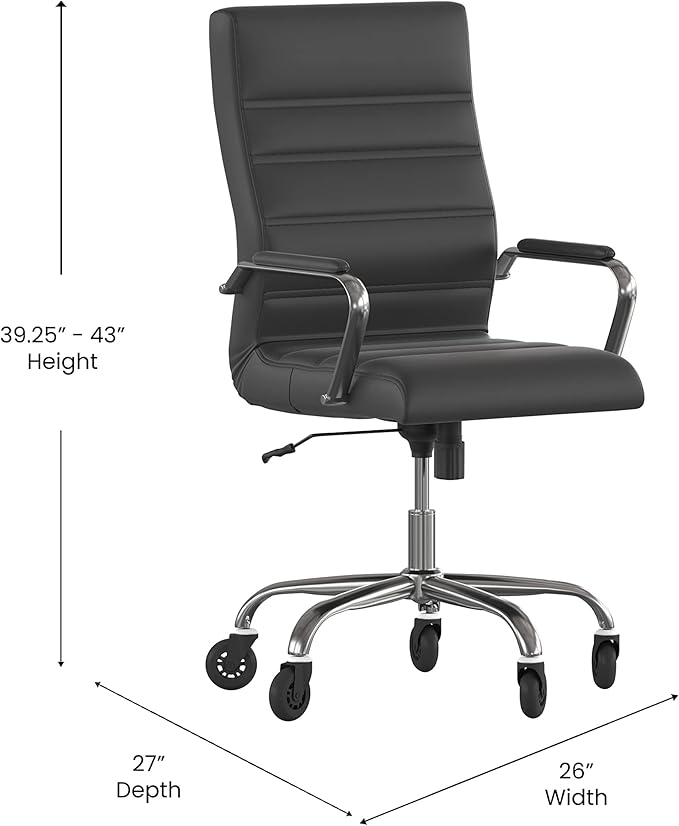 Flash Furniture Whitney High Back Black LeatherSoft Executive Swivel Office Chair with Chrome Frame, Arms, and Transparent Roller Wheels