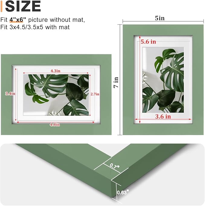 Egofine 4x6 Picture Frames 4PCS Covered by Plexiglass for Picture 3x4.5 and 3.5x5 with Mat or 4x6 whitout Mat Made of Solid Wood for Table Top Display and Wall Mounting Photo Frame, Green