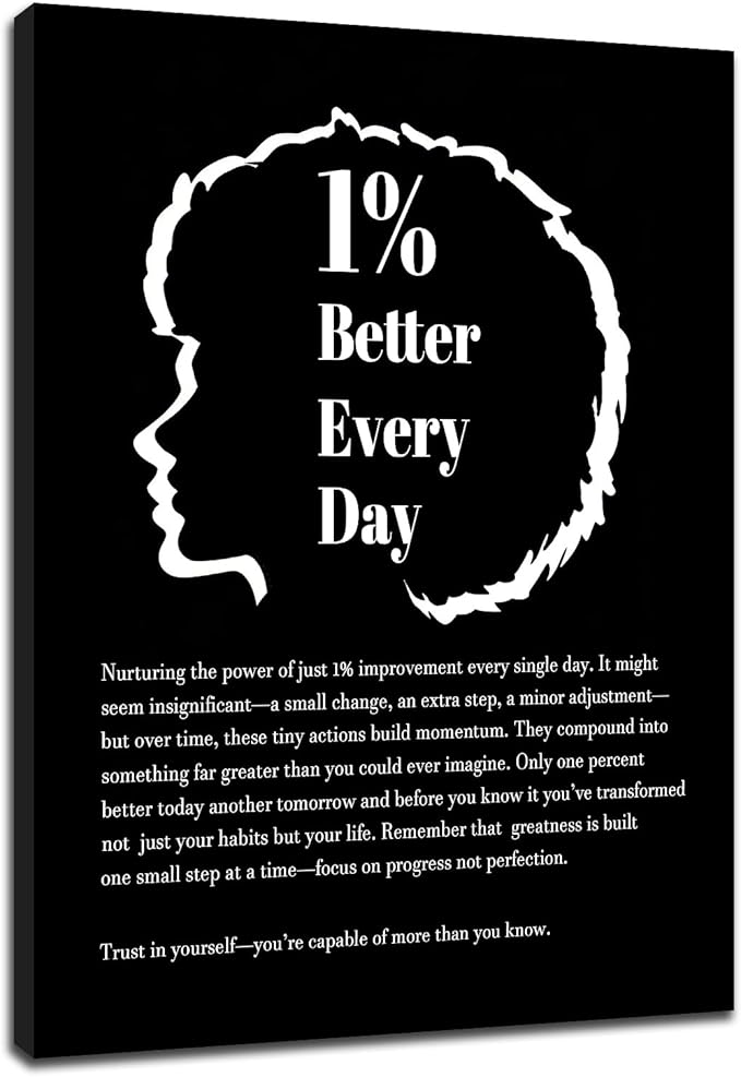 Motivational Wall Art Decor Growth Quote 1% Better Every Day for Entrepreneur Positive Picture Printing Encouraging for Modern Home Living Room Gym School Artwork Stretched and Framed [30''Wx40''H]