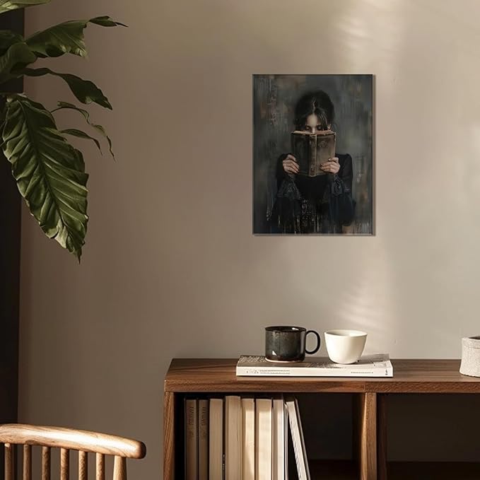 Dark Academia Book Wall Art Vintage Gothic Victorian Woman Reading Wall Decor Poster Painting Picture Moody Girl Aesthetic Canvas Print for Bedroom Living Room Dorm Library Corner 16x24Inch Framed