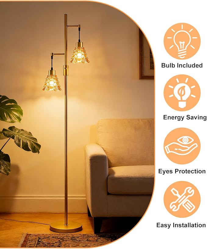 Lightdot 65IN Glass Floor Lamp for Living Room, 2- Light Gold Floor Lamps with Brown Glass Shade& 3000K Warm White Bulbs, Modern Standing Tall Lamp for Bedroom/Corner Beside/Home Decor