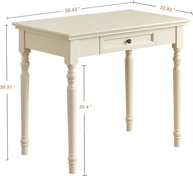 White Writing Desks with Drawers, 35" Solid Wood French Country Style Computer Desk for Home Office, Living Room Study or Workspace