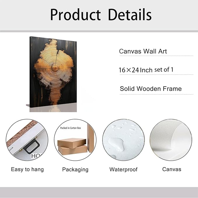 IBHJSART Framed Tree Ring Canvas Wall Art Black And Gold Wall Art Prints Modern Minimalist Pictures Neutral Nature Rustic Farmhouse Decor Living Room Bedroom Bathroom Office.