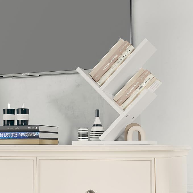 YMYNY 2 Tier Modern Wood Tree Bookshelf, Small Bookcase, Freestanding Book Shelf for Books/Movies/CDs, Display Rack for Bedroom, Home Office, White UHBC012W
