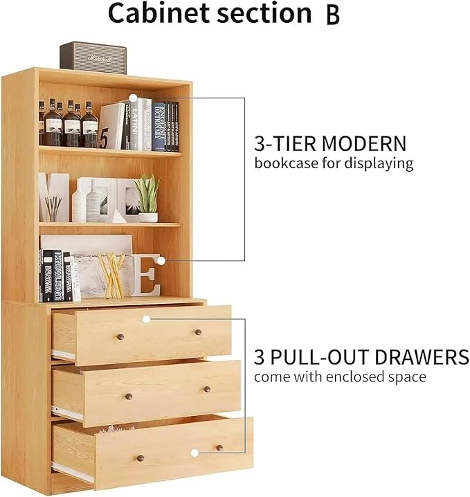 TUSY 71" H Bookshelf with Storage, 6-Tier Modern Bookshelves with 3 Large Drawer, Display Bookcase with Glass Doors, Modern 5-Tier Curio Cabinet for Home Office, Dining Room (Wood, ABBA)