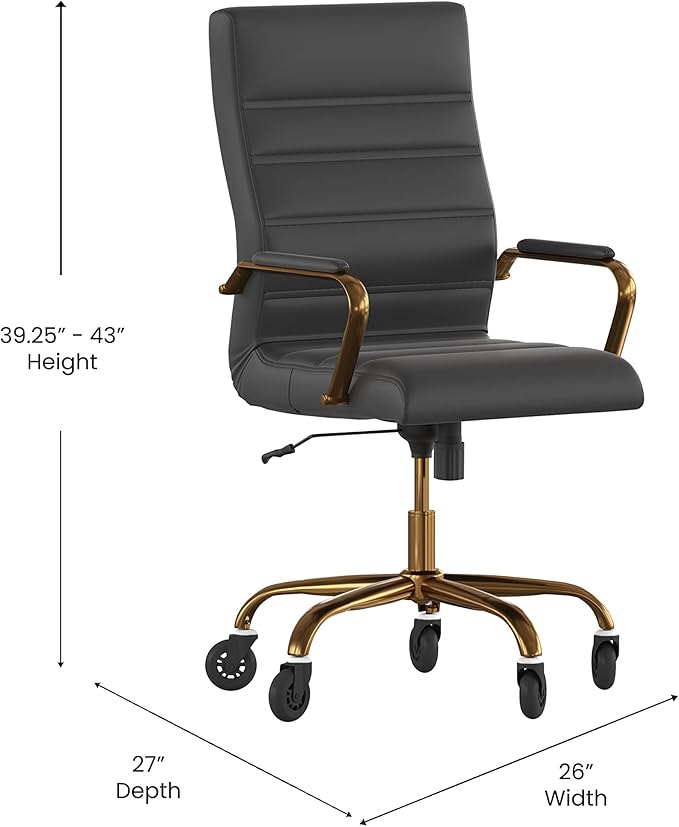 Flash Furniture Whitney High Back Black LeatherSoft Executive Swivel Office Chair with Gold Frame, Arms, and Transparent Roller Wheels