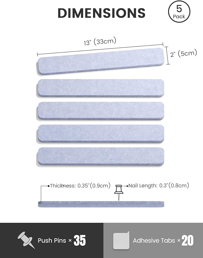 Fluxynara Cork Board Alternative Felt Strip Board 5-Pack 13"x2", Office Pin Board with 35 Push Pins, Adhesive Install for Bedroom Door & Home Office(Soft Periwinkle)