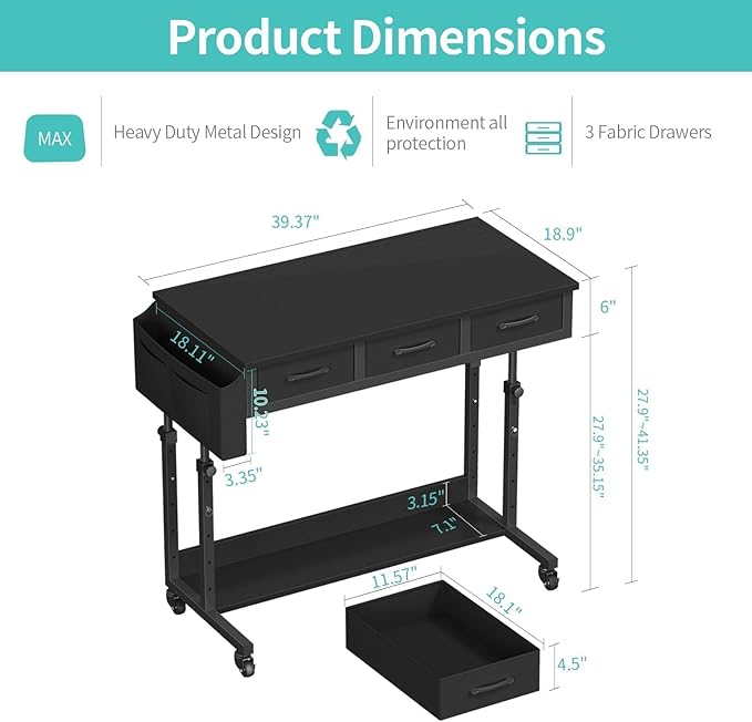 Rolling Standing Desk Adjustable Height with Drawers, 40 Inch Mobile Stand Up Portable Teacher Desks on Wheels for Classroom, Couch Sofa Side Laptop Table with Storage for Bedroom Home Office, Black