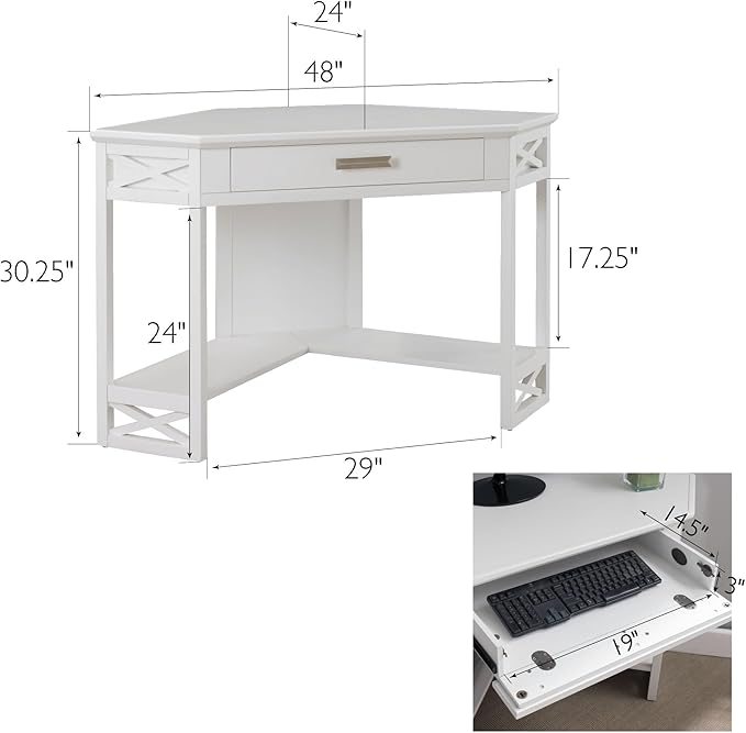 Leick Home Sage Corner Office Desk, Solid Wood, with Drop Front Keyboard Drawer, White, 85430