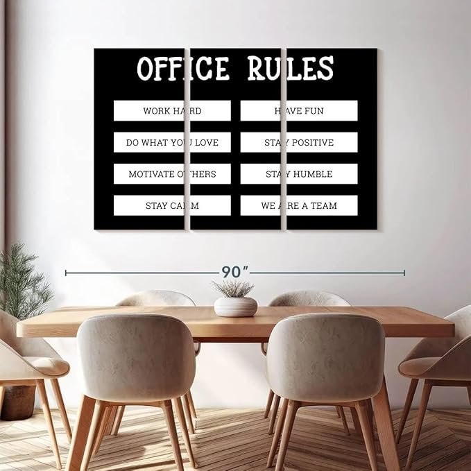 Elephant Stock - Office Rules Wall Art - Horizontal Multi Panel Canvas - 3 Piece Home Office Wall Decor - Digital Art Motivational Typography Multi Piece Wall Art - Black And White Decor by Cad Designs - 74" x 48"
