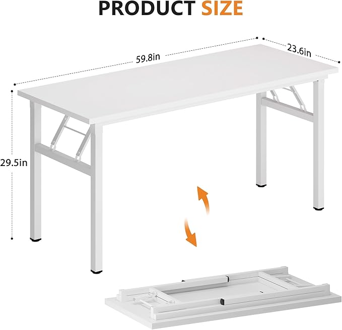 DlandHome Computer Desk, 59.8Inch Office Desk Computer Table, Study Writing Study Desk for Home Office, White Desktop and White Frame