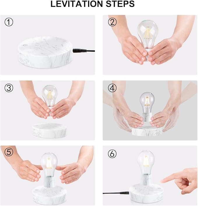 VGAzer Magnetic Levitating Floating LED Light Bulb Desk Lamp for Unique Gifts, Room Decor, Night Light, Home Office Decor Desk Tech Toys (Round Marble Base)