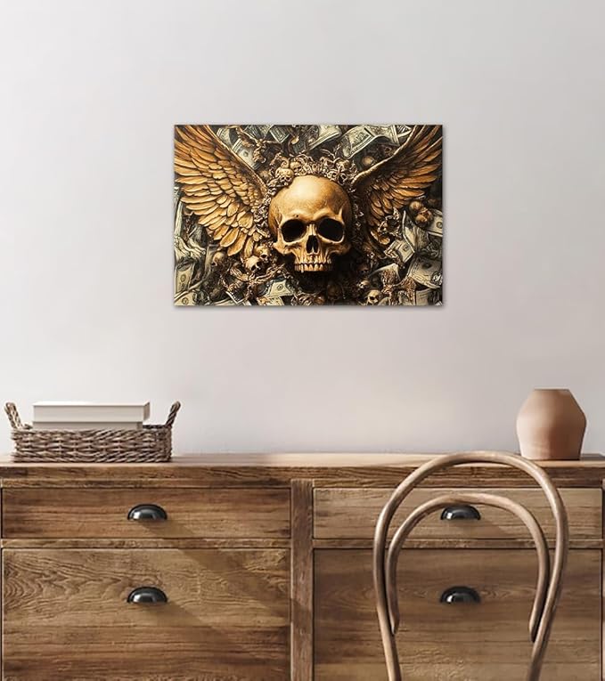 Money Wall Art Winged Skull and Dollar Posters Wall Decor Gothic Abstract Dark Canvas Print Artwork Suitable for Home Office Living Room Decor Ready to Hang 12X16inch