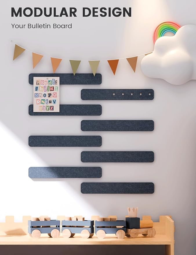 Fluxynara Cork Board Alternative Felt Strip Board 8-Pack 13"x2", Office Pin Board with 50 Push Pins, Adhesive Install for Bedroom Door & Home Office(Deep Charcoal Blue)