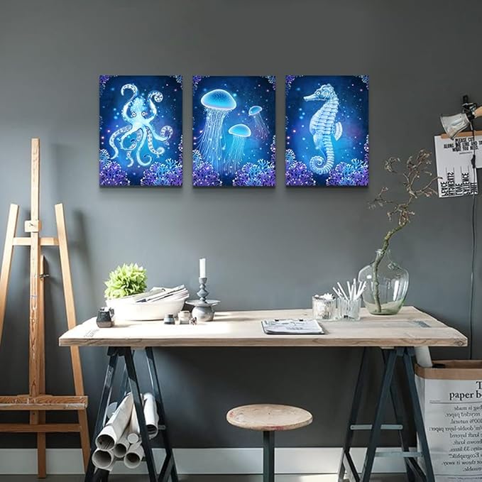 Lapremoly Blue Ocean Animal Seascape Canvas Prints Wall Art Paintings For Bedroom Framed Wall Decor for Living Room Ready To Hang Bathroom Wall Pictures Modern Home Decoration Artworks 3 Pieces