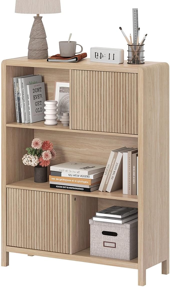 FATORRI Cube Bookshelf with 2 Doors, Wood Bookcase with Storage, Modern 5 Cubby Book Shelf for Home Office Living Room (Light Walnut)