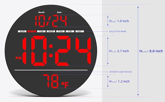 Digital Wall Clock with Large LED Display, Date, Temperature, Auto-Brightness | Small [PLUG-IN] Clock | Modern Electric Wall Clock for Bedroom, Classroom, Living Room, Home, Office, Farmhouse – Red