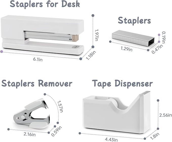 White Office Supplies for Kids, White Desk Office Supplies and Accessories for Kids, Stapler and Tape Dispenser Set for Women, Office Gift for Women, Office Lady, Coworkers, Office Clerks, Kids