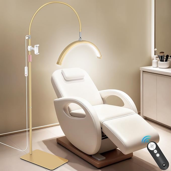Lash Light, Flexible Half Moon Light with Phone Holder for Eyelash Nail Art Tattoos Skincare, 5 Color Temperatures & Brightness Setting LED Floor Lamp, Height Adjustable Esthetician Lamp