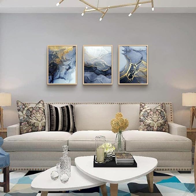 Framed Wall Art for Living Room Abstract Wall Decor for Bedroom Abstract Ink painting Wall Artworks Hang Pictures for Office Decoration 3 Panels Home Decor Posters Natural wood Framed Art Prints