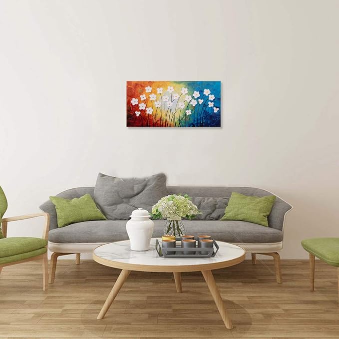 Yihui Arts Hand Painted Textured Flower Oil Painting on Canvas - Colorful Abstract White Floral Wall Art for Living Room, Bedroom, Modern Home Decor