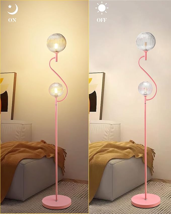 Lightdot Pink Floor Lamp, Mid Century Tall Standing Lamps with Globe Clear Glass Shade Soft Warm White Bulbs Included, Modern Unique Floor Lamp for Living Room/Bedroom/Sofa Beside/Corner Decor