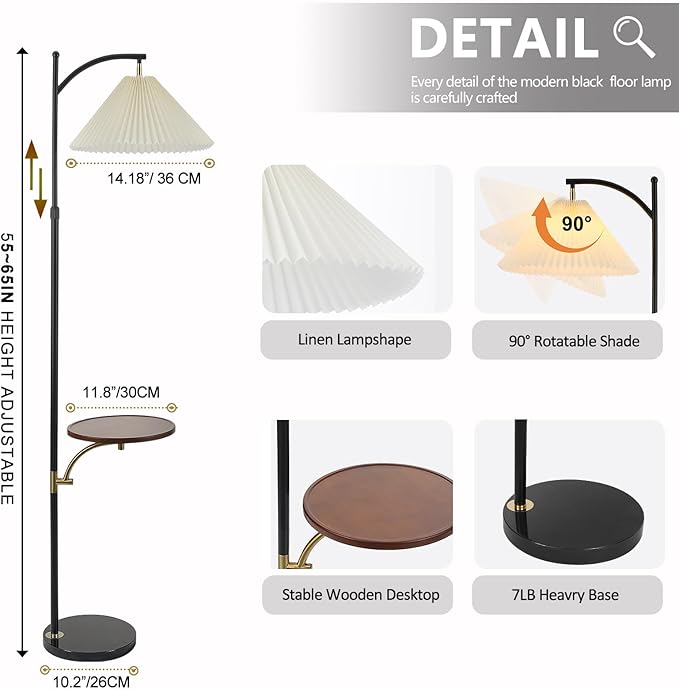 Floor Lamp with Table for Living Room, Tall Standing Lamps with Shelves, Height Adjustable Lamp Table Combo, Dimmable Corner Rustic Lamps with Tray for Bedroom Office, Bulb Included (Pleated Linen)