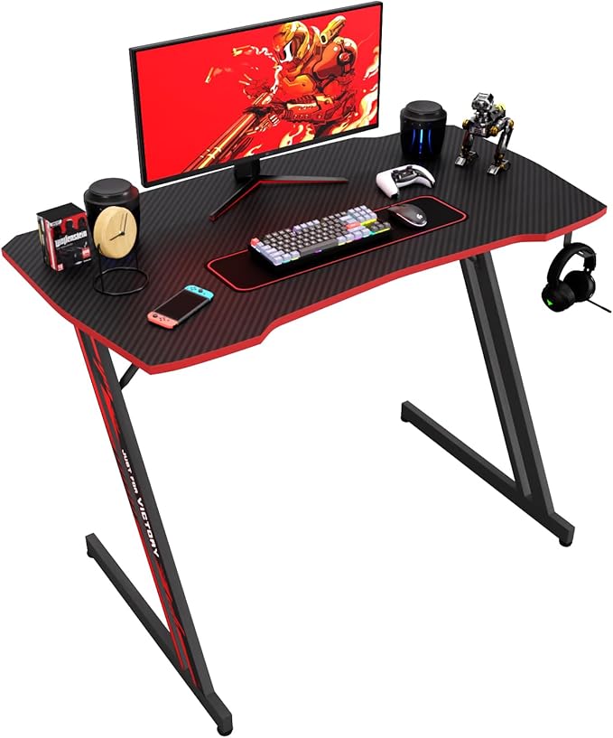 BestOffice 39" Gmaing Desk Computer Gaming Desk Z Shaped Gaming Workstation Ergonomic Gaming Table with Headphone Hook for Game Players (Red)
