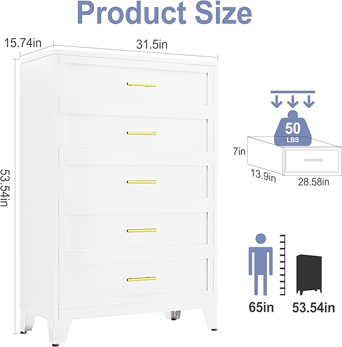 Tall 5 Drawers Dresser for Bedroom, Metal Drawer Dresser Chest Organizer, Drawer Cabinet for Home Office Collection and Storage Small Size Files (White)