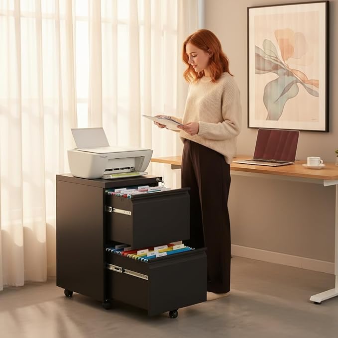 [Fully Assembled] 2 Drawer Lockable Metal File Cabinet on Wheels, Mobile Under Desk Filing Cabinet with Printer Stand, Home Office Storage Cabinet (Black, 2 Drawer)