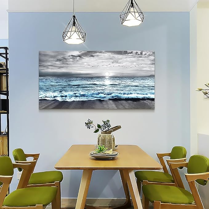 Large Size Canvas Wall Art - Modern Office & Bedroom Decor - Black & White Blue Ocean Sea Wave Pictures - 24"X48"