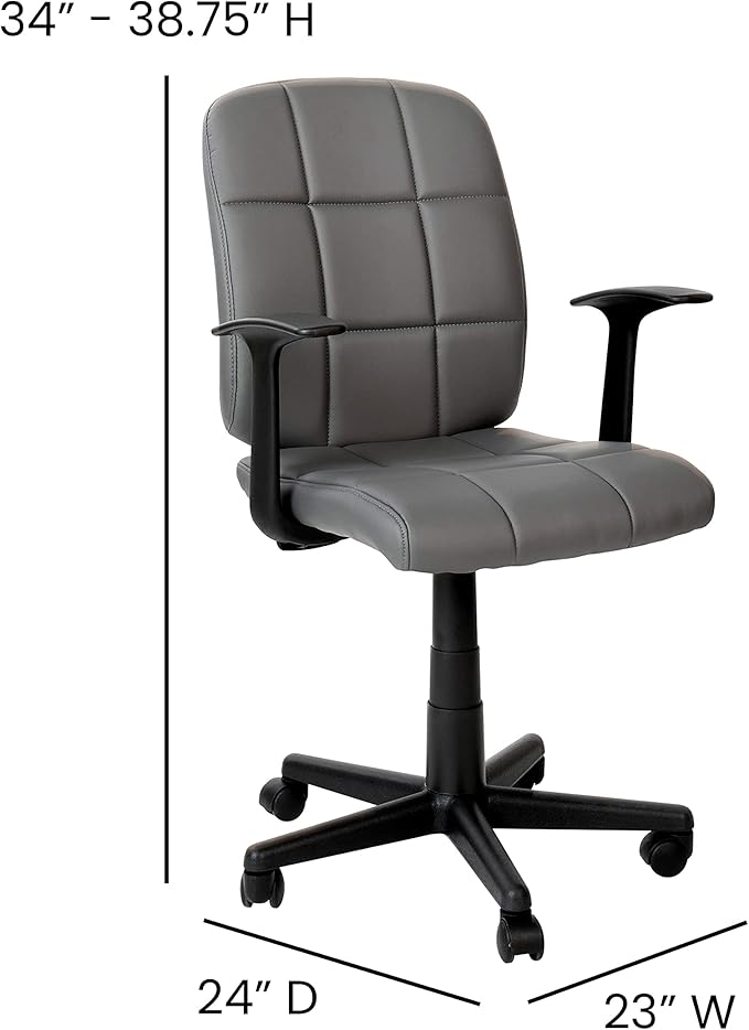 Flash Furniture Clayton Mid Back Swivel Task Chair with Arms - Gray Vinyl Upholstery - Tufted Back and 360° Swivel
