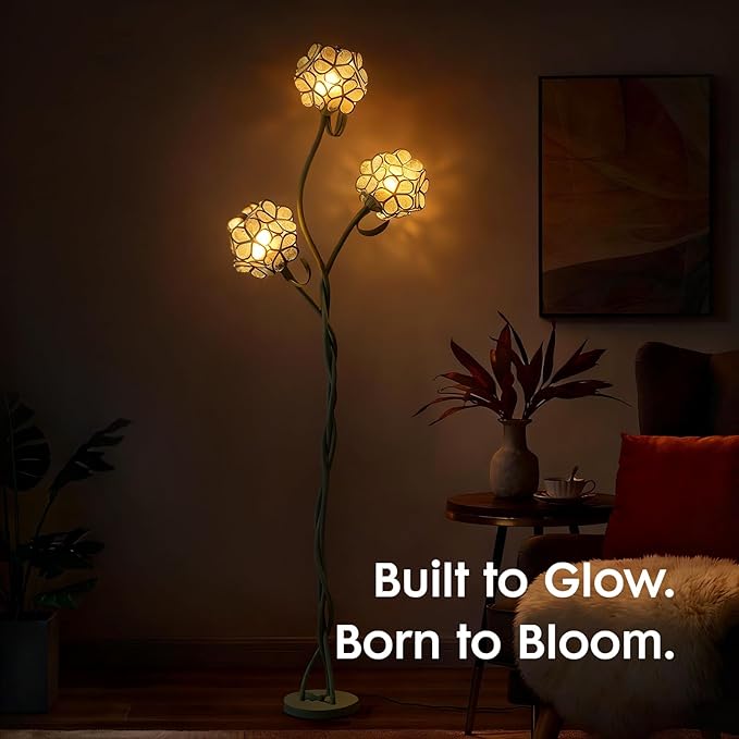 Vintage Tiffany Floral LED Floor Lamp for Living Room, Tall Green Standing Lamp with Adjustable Heads, Unique Flower Light for Bedroom, Artistic Standing Light for Girls Kids Nursery Room Decor