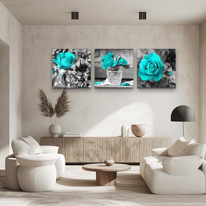 wall art for living room Black and white rose flowers Blue Big Canvas Prints Wall Decor Artwork 24" x 24" 3 Pieces Framed Watercolor Giclee with Black Border Ready to Hang for bedroom Home Decoration