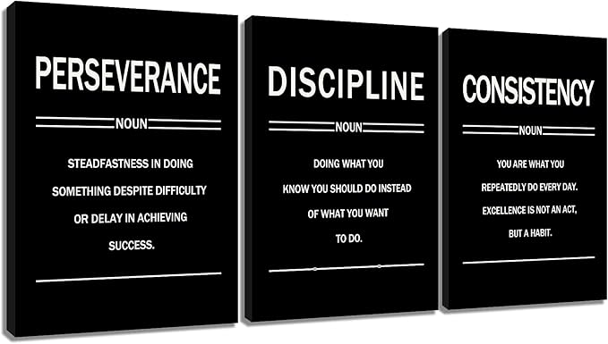 Inspirational Canvas Wall Art 3 Pieces Perseverance Discipline Consistency Posters Motivational Office Wall Decor Picture Painting for Home Living Room Gym Artwork Stretched and Framed [48''W X 24''H]