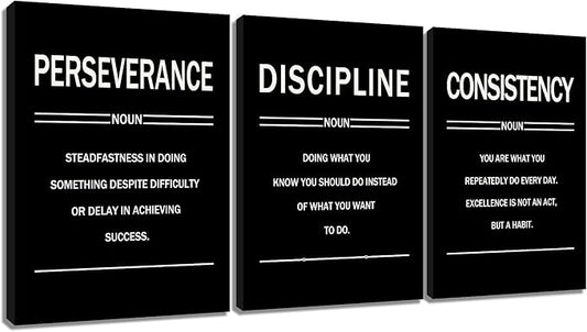Inspirational Canvas Wall Art 3 Pieces Perseverance Discipline Consistency Posters Motivational Office Wall Decor Picture Painting for Home Living Room Gym Artwork Stretched and Framed [48''W X 24''H]