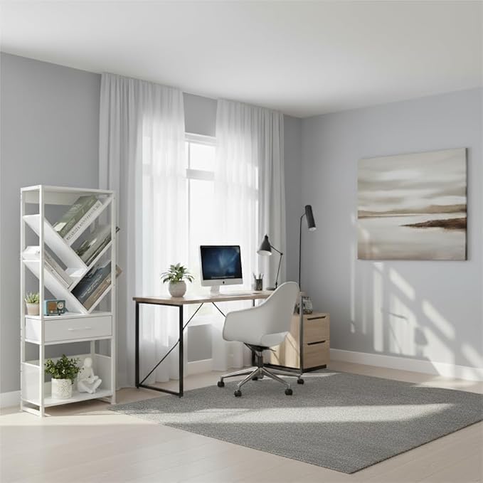 Bookshelf with Drawer,8 Tier Tree Bookcase Retro Floor Standing Bookshelves,Tall Wood Bookcases with Cabinet Storage Organizer for Living Room, Bedroom & Home Office, White