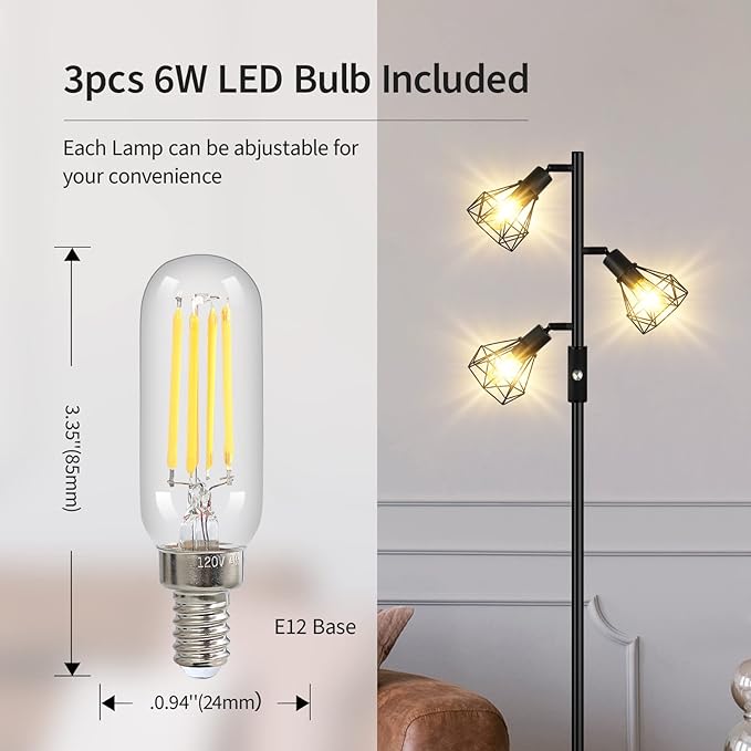 Floor Lamp, Industrial Floor Lamps for Living Room,Tree Standing Lamp Bright with 3 Charm Diamond Head 1200 Lumens Edison Bulbs LED,3 Way Switch,Modern Stand up Lamp for Bedroom Office Farmhouse