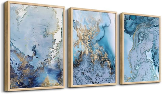 Natural Wood Framed Abstract Paintings Canvas Wall Art For Living Room Bedroom Decoration Office Wall Decor Blue Abstract Watercolor Pictures Home Decoration Posters Artwork 3 Piece Framed Art Prints