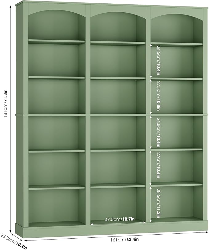 FACBOTALL 71" Triple Wide Bookshelf, 6 Tier Tall Bookshelf, Large Arched Bookcase with Curved Baffle, 63.4" Wide Book Shelf with 18 Open Display Shelves for Living Room, Study, Green